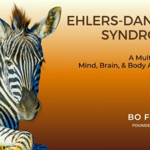A picture of a zebra sitting in the grass with the title "Ehlers-Danlos Syndrome" to its right.